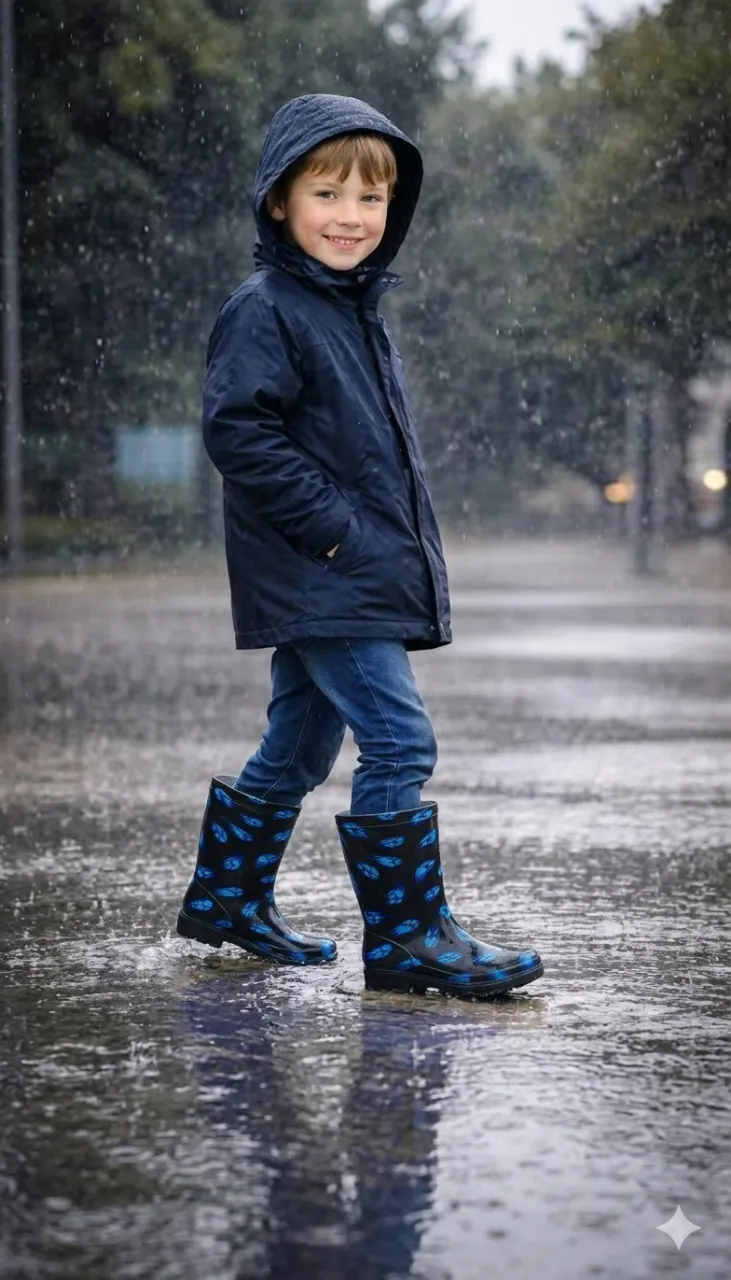 Botas de lluvia para niño con estampa de pelota de futbol en color azul sobre fondo oscuro. talla 33/34