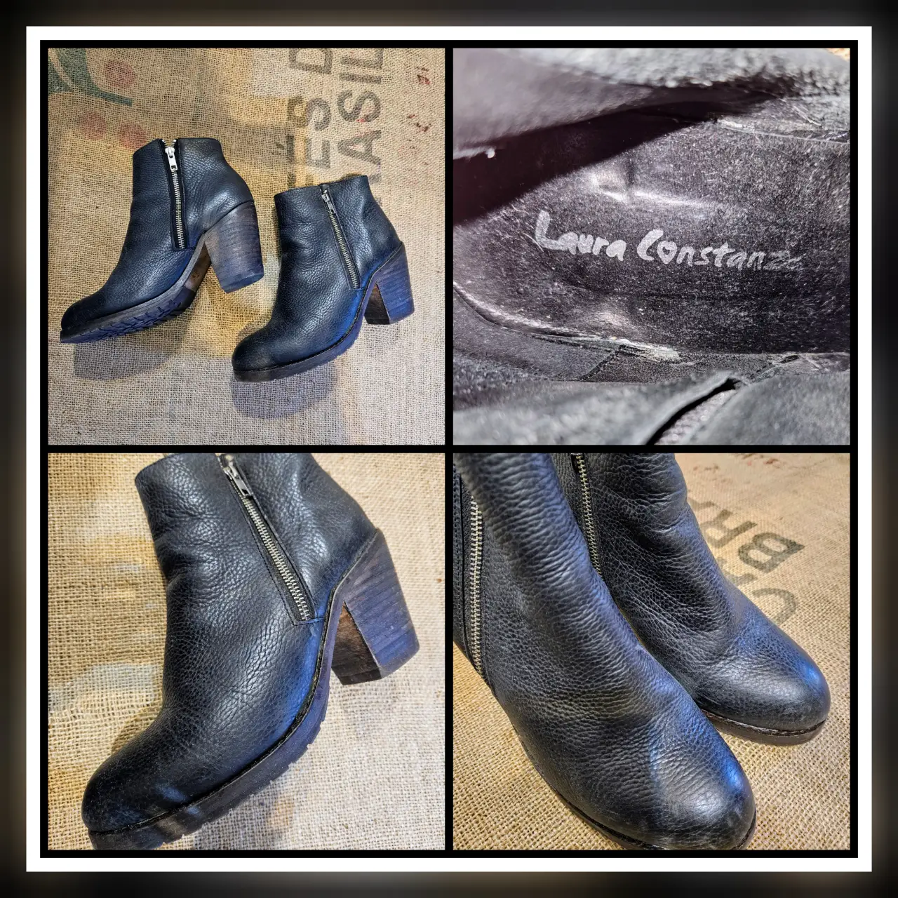 Botines de cuero negro con cierre lateral y taco de madera. Marca Laura Constanza.