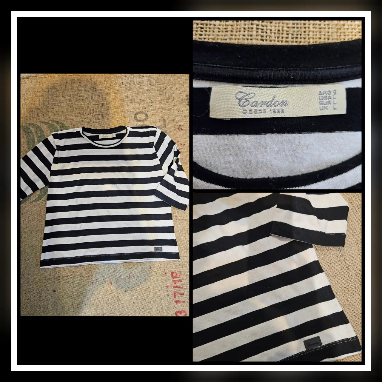 Remera a rayas horizontales en blanco y negro, de manga corta. Cuello redondo y etiqueta de la marca Cardon. Ideal para un look casual y cómodo.