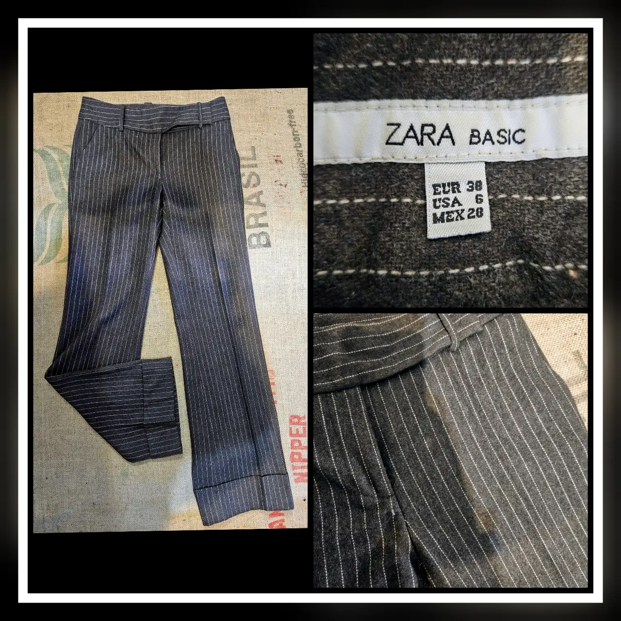 Pantalón de vestir de mujer, de la marca Zara Basic. Con diseño a rayas verticales en color marrón y blanco. Talle 38 EUR, 6 USA, 28 MEX. Ideal para un look formal o de trabajo.