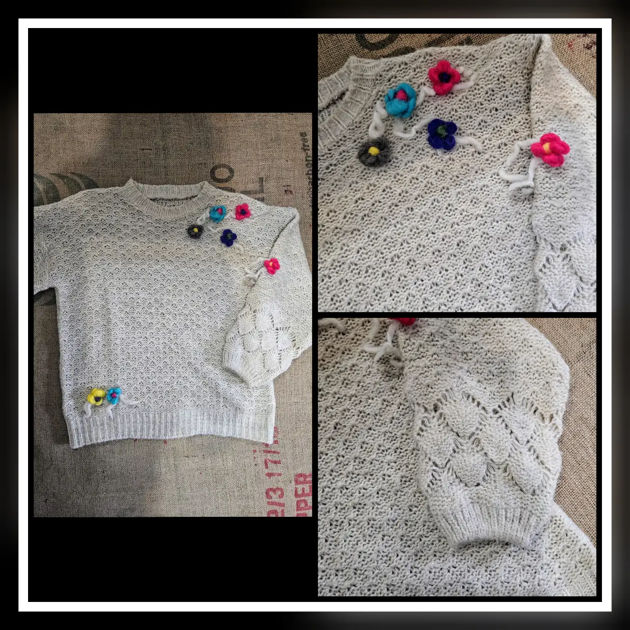 Sweater de lana beige con detalles florales en relieve. Diseño artesanal con flores aplicadas en varios colores. Ideal para un look casual y abrigado.