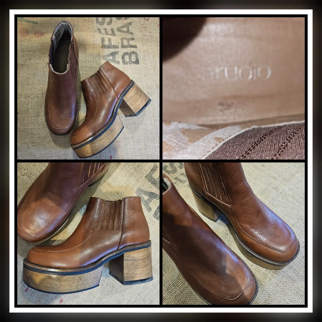 Botines marrones con plataforma de madera y taco ancho. Estilo retro, ideales para un look casual y con onda.
