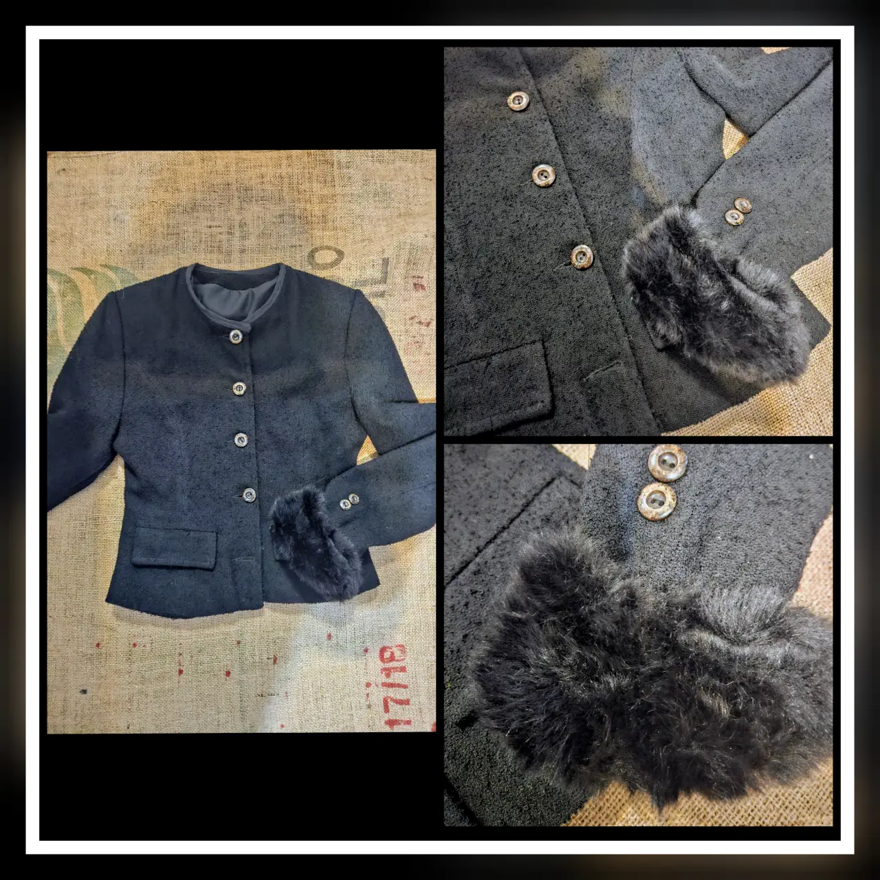 Chaqueta blazer negra con detalles de piel en los puños. Ideal para un look elegante y sofisticado. Cuenta con botones dorados y un diseño entallado.