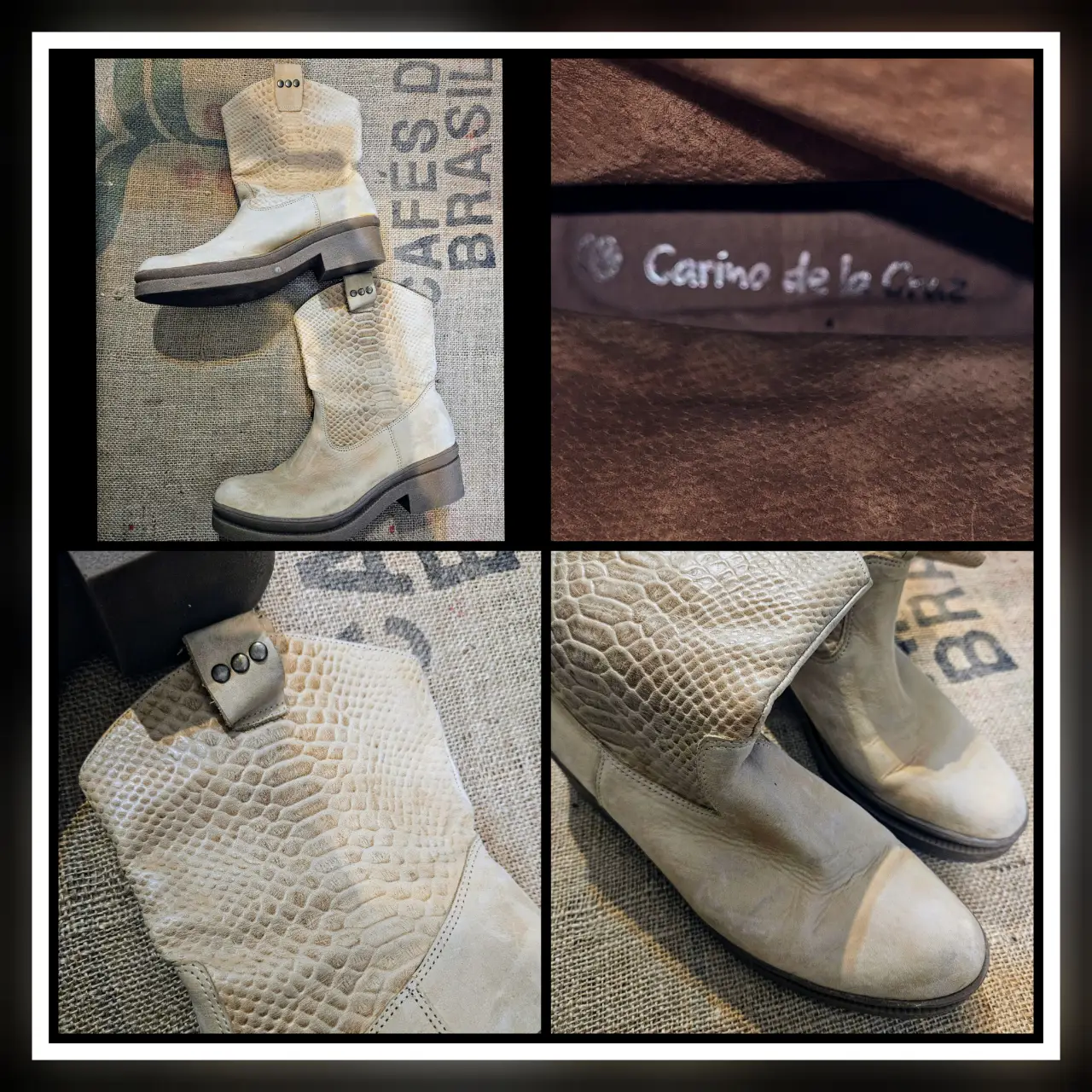 Botas de cuero color crudo, con detalles de textura símil piel de serpiente en la parte superior. Marca Carina de la Cruz.