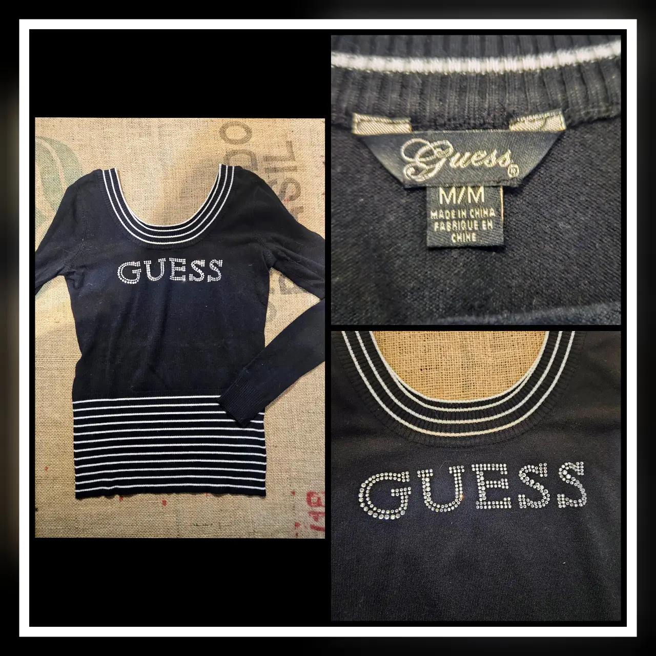 Sweater Guess negro con detalles blancos y strass. Talle M. Ideal para un look casual y canchero.