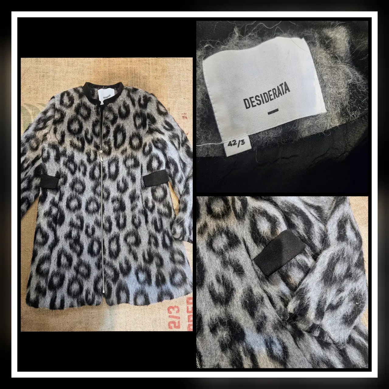 Tapado largo de diseño animal print en tonos grises y negros. Confeccionado con un tejido suave y peludo, este abrigo presenta un cierre frontal con cremallera y detalles en negro en los puños y cuello. Ideal para un look sofisticado y abrigado en invierno.
