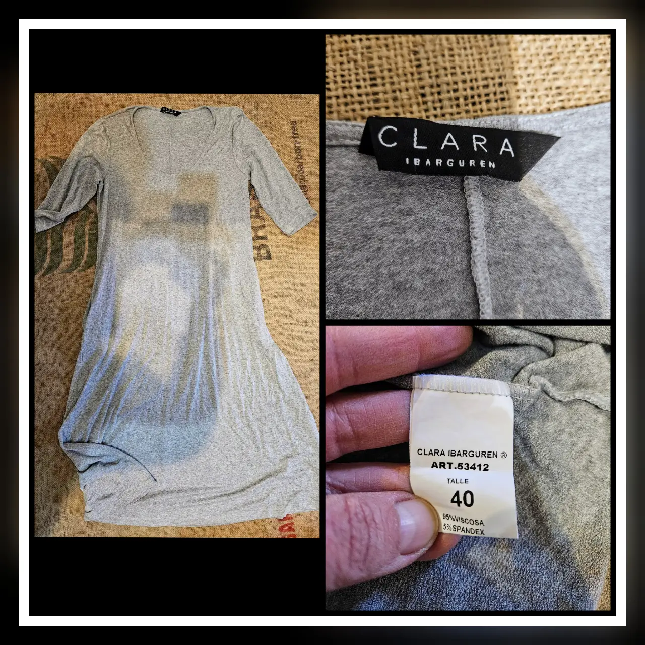 Vestido midi gris de CLARA IBARGUREN, con mangas 3/4 y escote en V. Talle 40. Ideal para un look casual y cómodo.