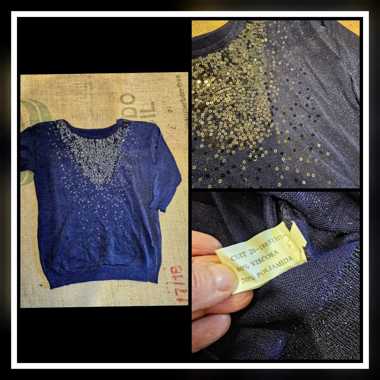 Sweater largo de mujer en color azul con lentejuelas doradas. Ideal para fiestas o eventos especiales.