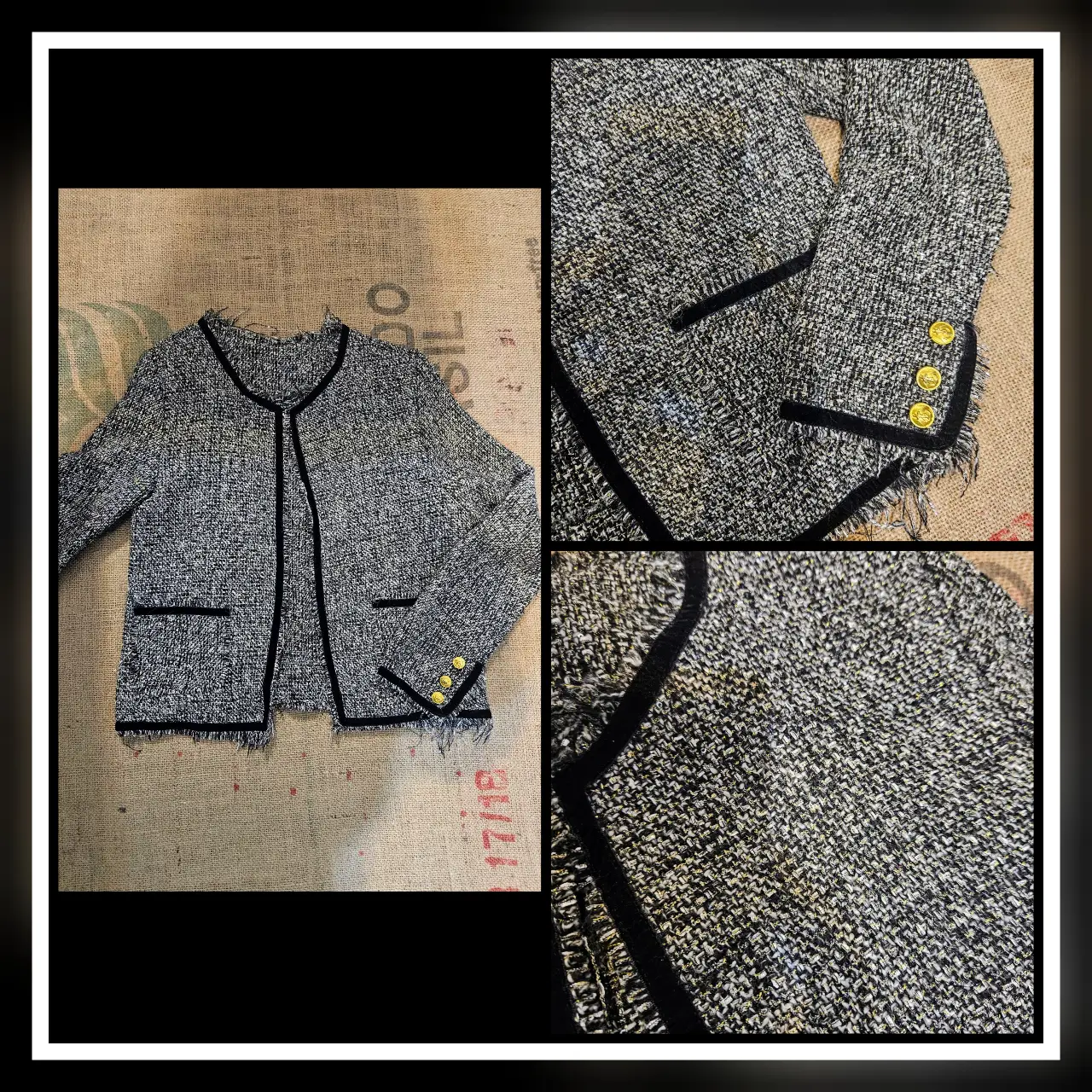Elegante blazer de tweed en tonos grises y negros y plata, con detalles en negro y botones dorados. Ideal para un look sofisticado y versátil.