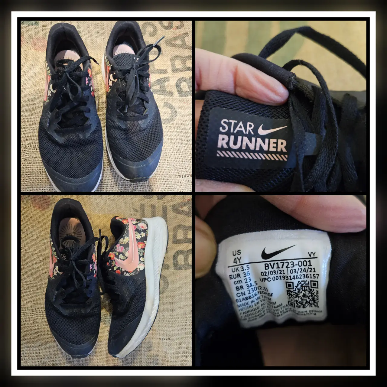 Zapatillas Nike Star Runner negras con detalles florales en rosa. Ideales para uso diario y actividades deportivas.