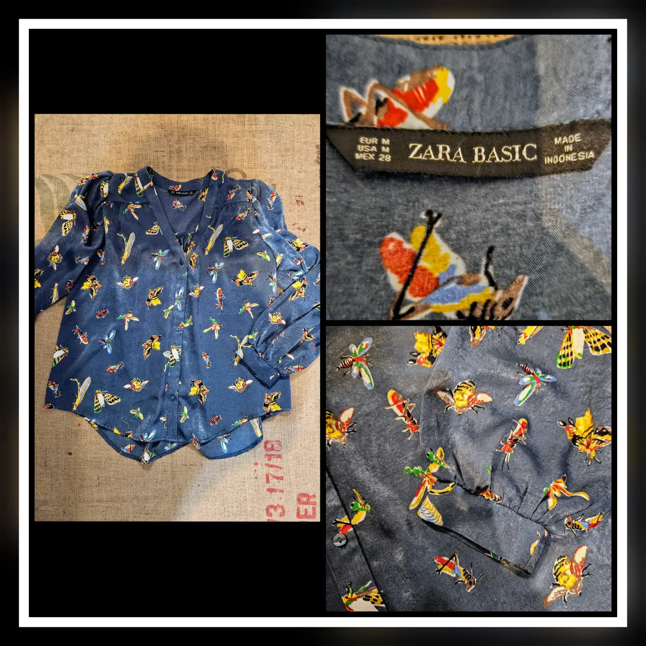Blusa de mujer Zara Basic con estampado de insectos. Talle M, manga larga y cuello en V. Ideal para un look casual y con estilo.
