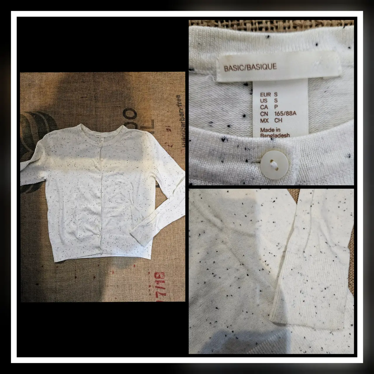 Cardigan blanco con motas negras, de la marca H&M, talle S. Ideal para un look casual y cómodo.