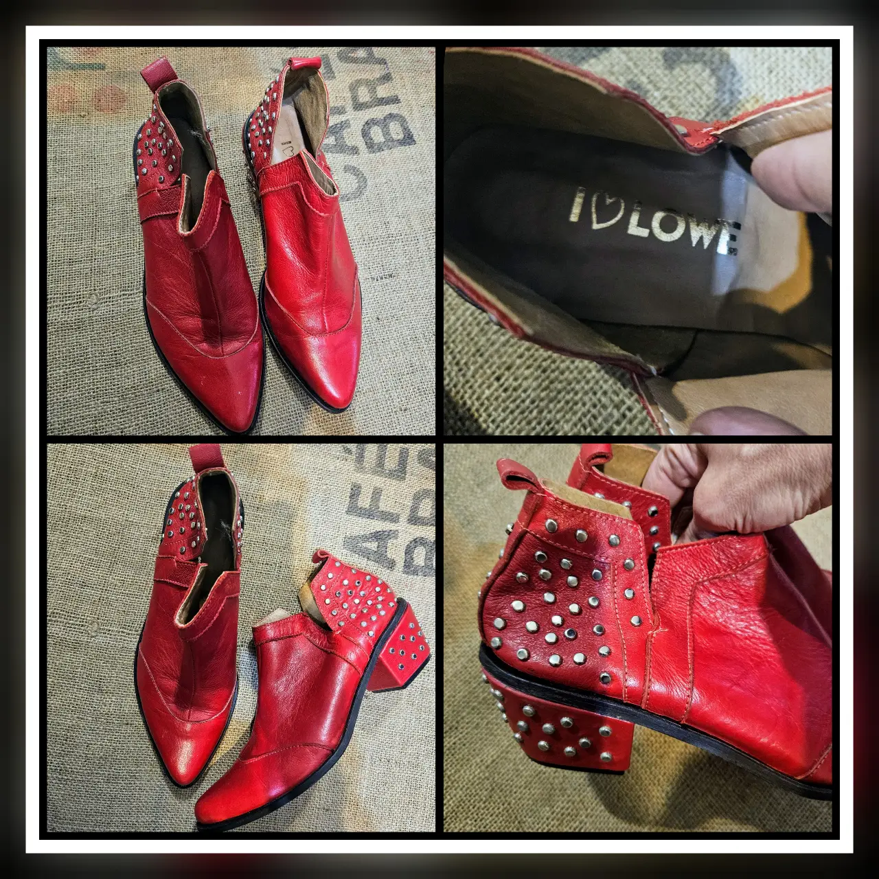 Botines rojos de cuero con tachas. Estilo rocker, con taco ancho y detalles de diseño. Marca ID LOWE.