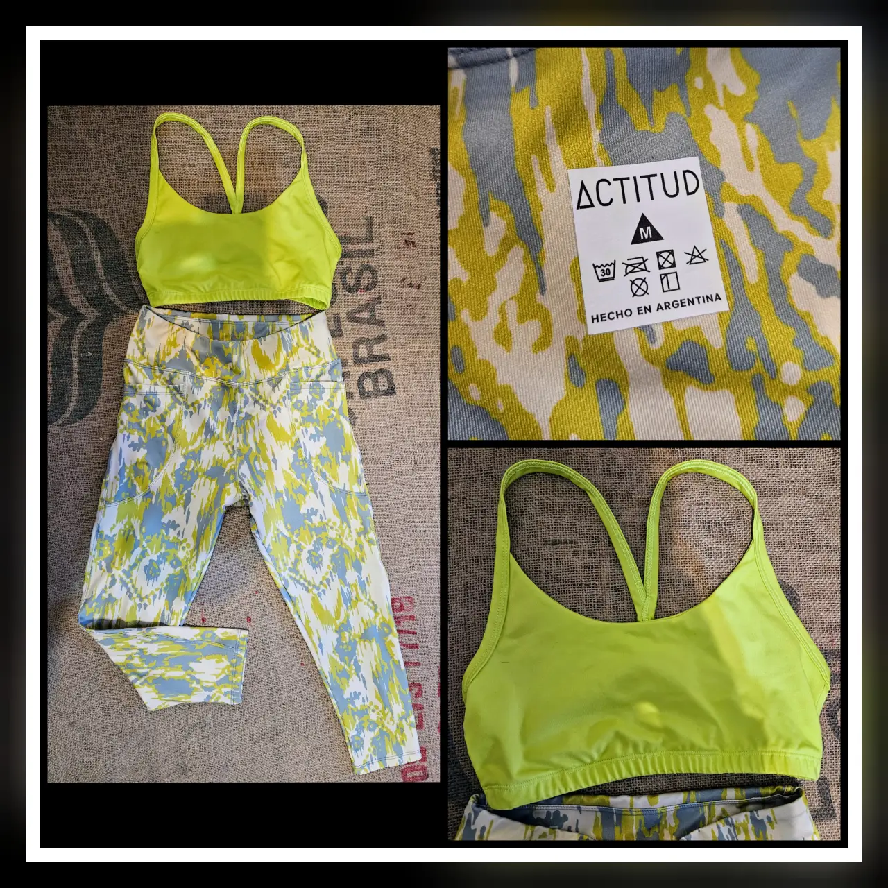 Conjunto deportivo ACTITUD para mujer, compuesto por top y calzas. El top es de color amarillo flúo con tirantes finos. Las calzas presentan un estampado en tonos amarillos, celestes y grises. Talle M.