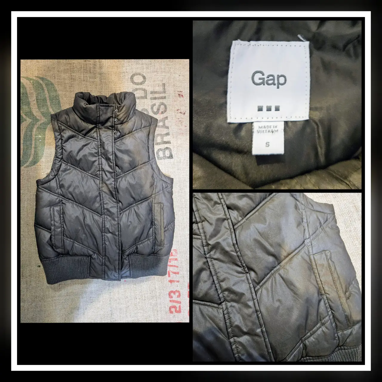 Chaleco acolchado gris de la marca Gap, talle S. Ideal para el invierno, con cuello alto y bolsillos.