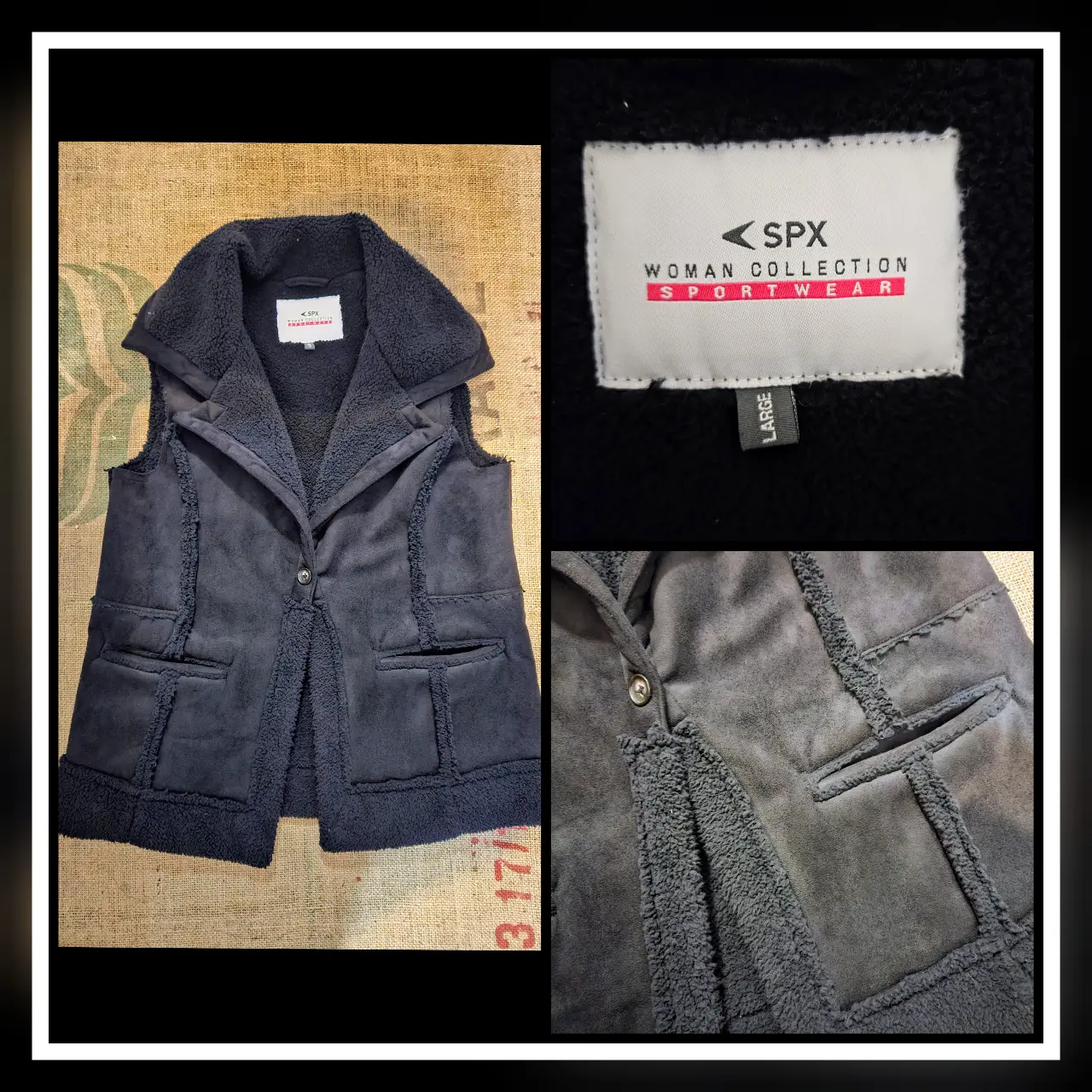 Chaleco de mujer SPX Woman Collection Sportwear, color negro, con forro de piel sintética. Talle L. Ideal para un look casual y abrigado.