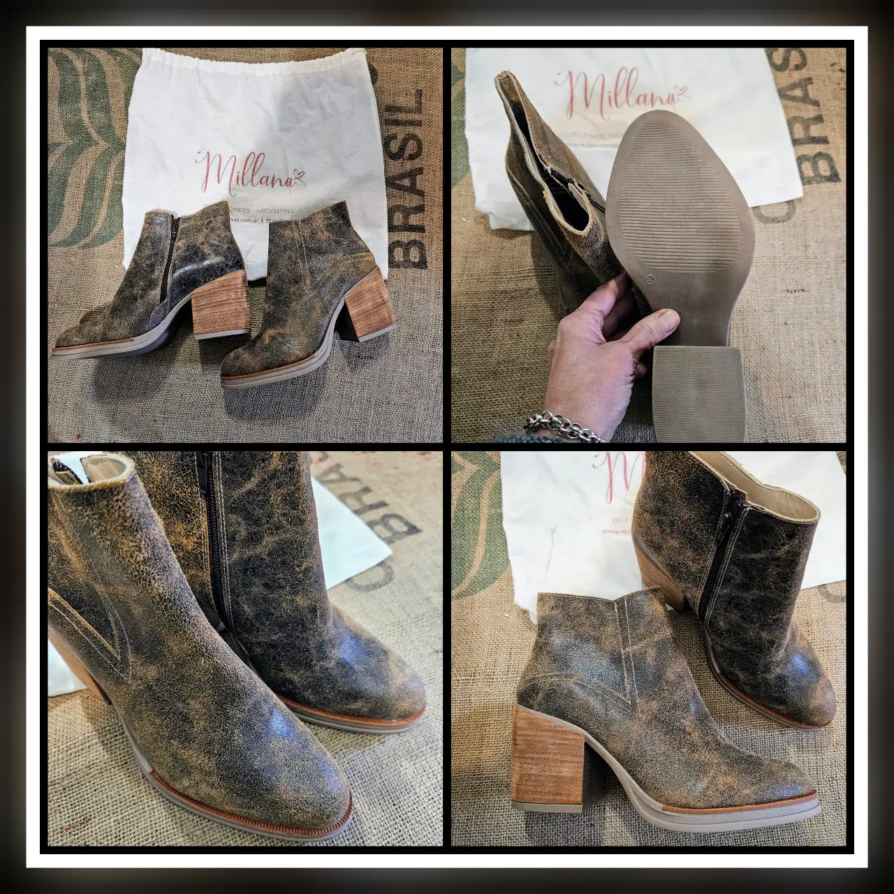Botines Millana de cuero con taco de madera. Diseño envejecido con cierre lateral. Ideales para un look casual y canchero.