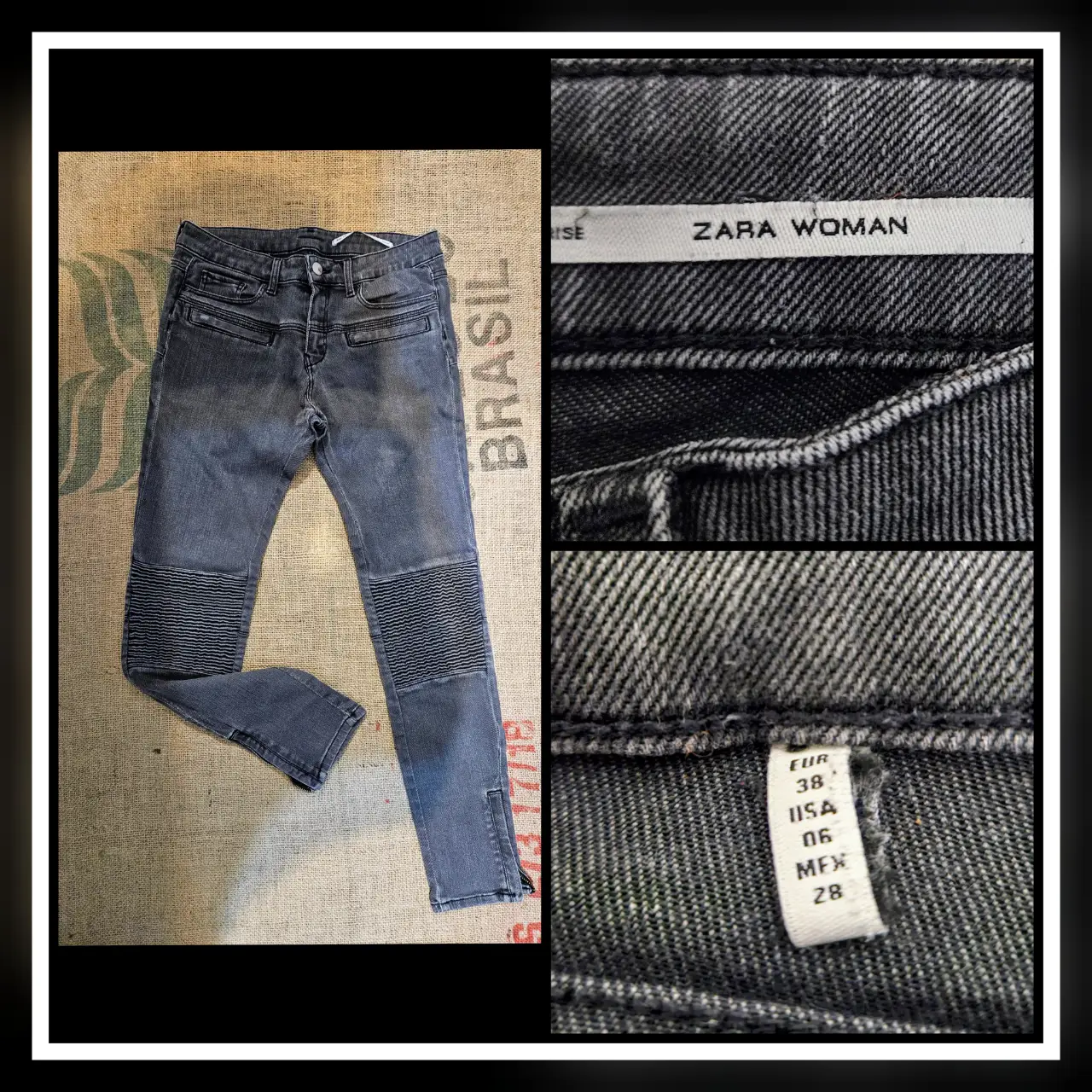 Jeans de mujer Zara Woman, color gris, corte recto, con detalles en las rodillas y cierre en los tobillos. Talle 38.