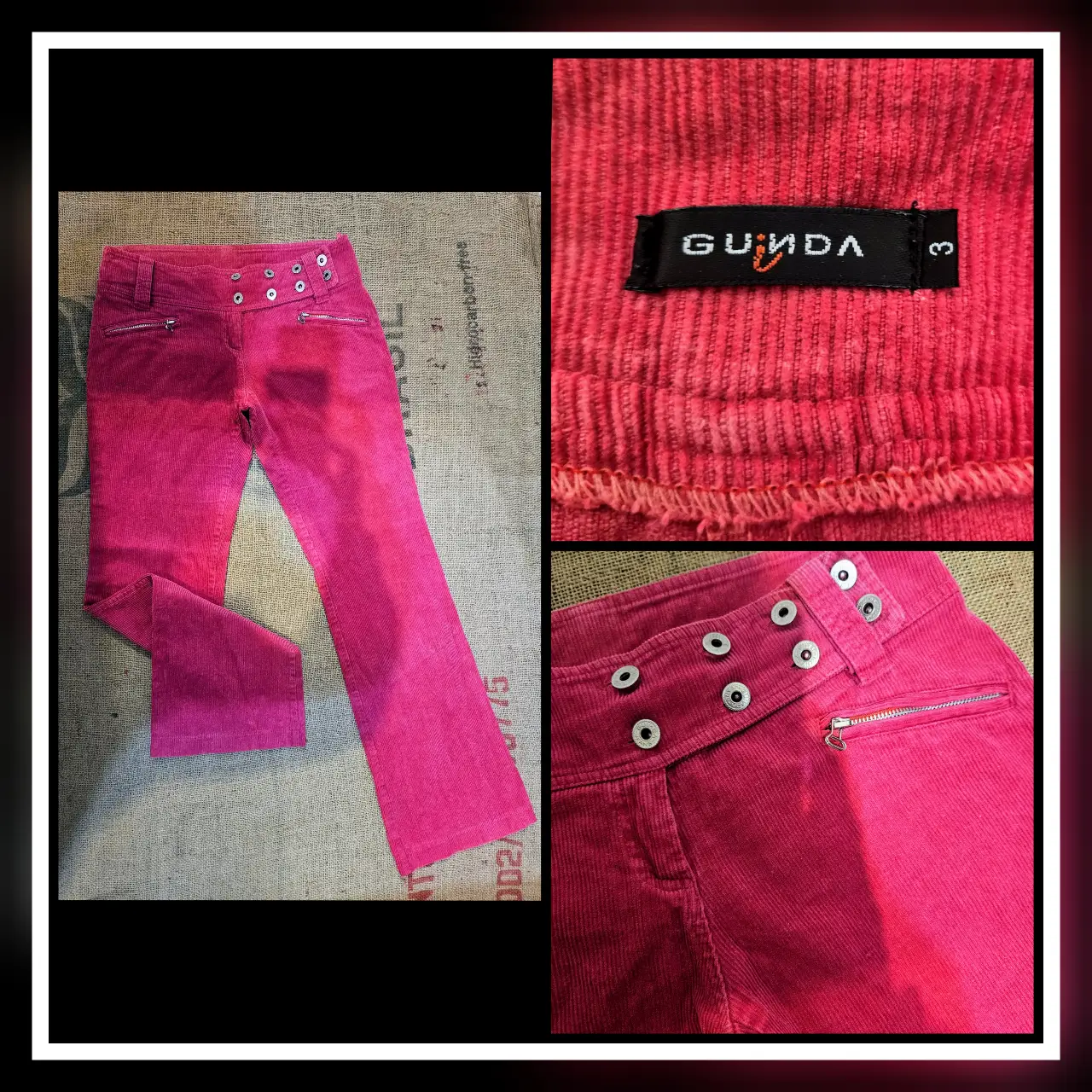 Pantalón de corderoy rosa GUINDA talle 3. Tiro bajo, con bolsillos delanteros y detalles metálicos en la cintura. Ideal para un look Y2K.