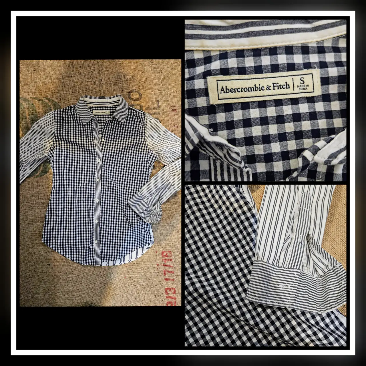 Camisa de mujer Abercrombie & Fitch, con mangas a rayas y cuerpo a cuadros. Talle S.