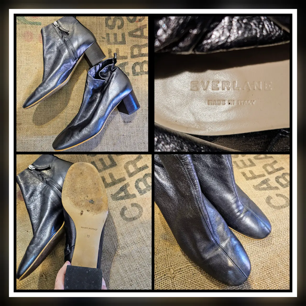 Botines Everlane de cuero plata con taco. Talle 10, Made in Italy. Ideales para un look elegante y moderno.