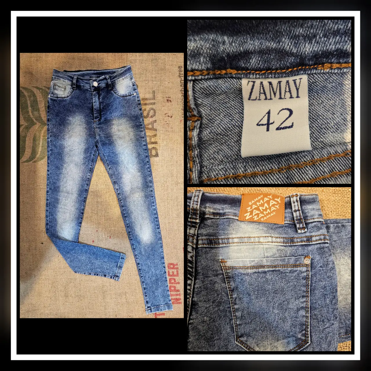 Jeans de mujer, tiro medio, con efecto gastado y detalles de desgaste. Talle 42. Marca Zamay.