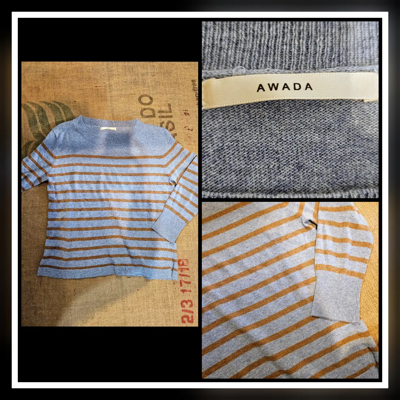 Sweater AWADA a rayas horizontales en tonos azul y marrón. Talle T.2. Ideal para un look casual y cómodo.