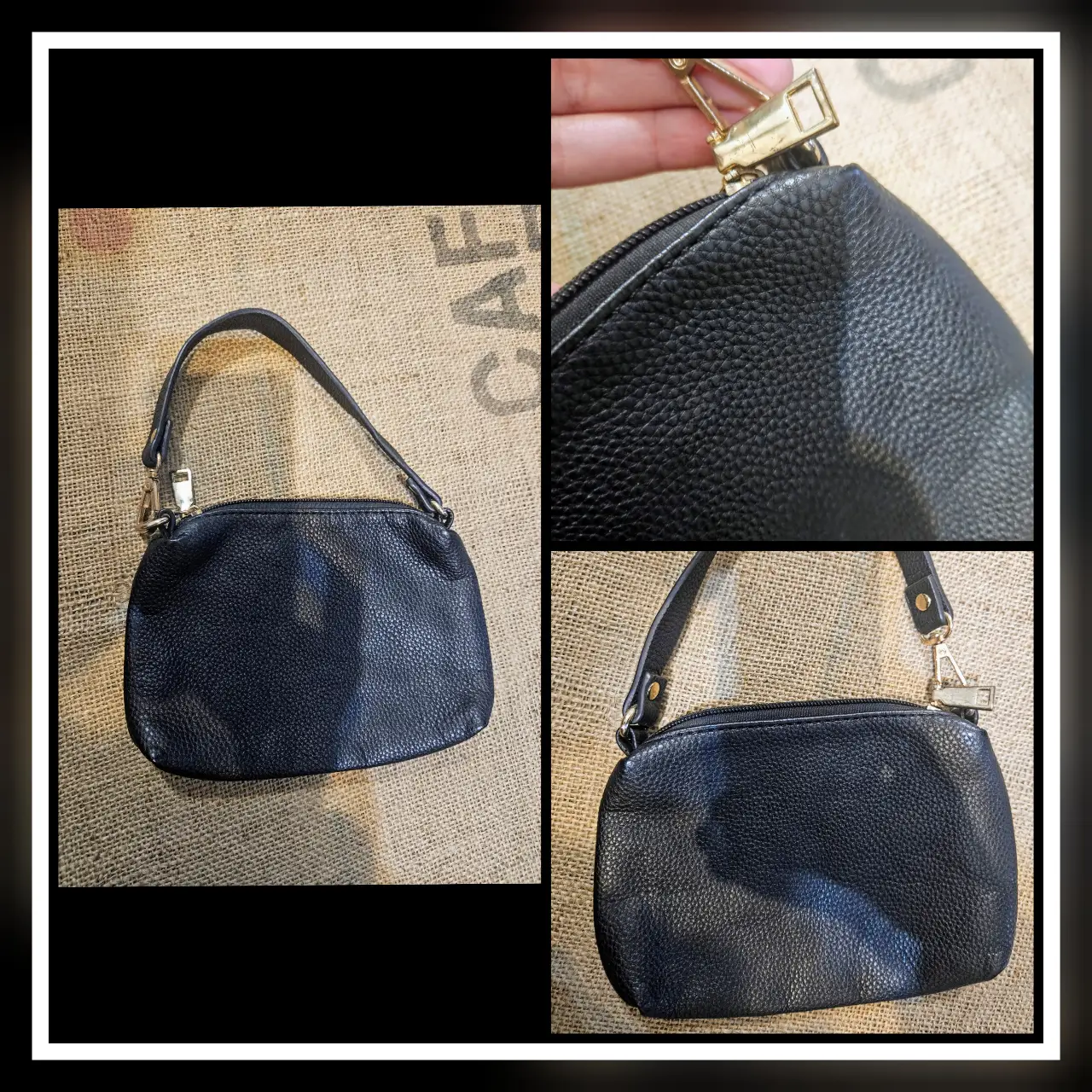 Mini Carterita JRBags de mano negra, con textura de cuero granulado y detalles dorados. Medidas 19 x 14cm. Ideal para llevar lo esencial con estilo.