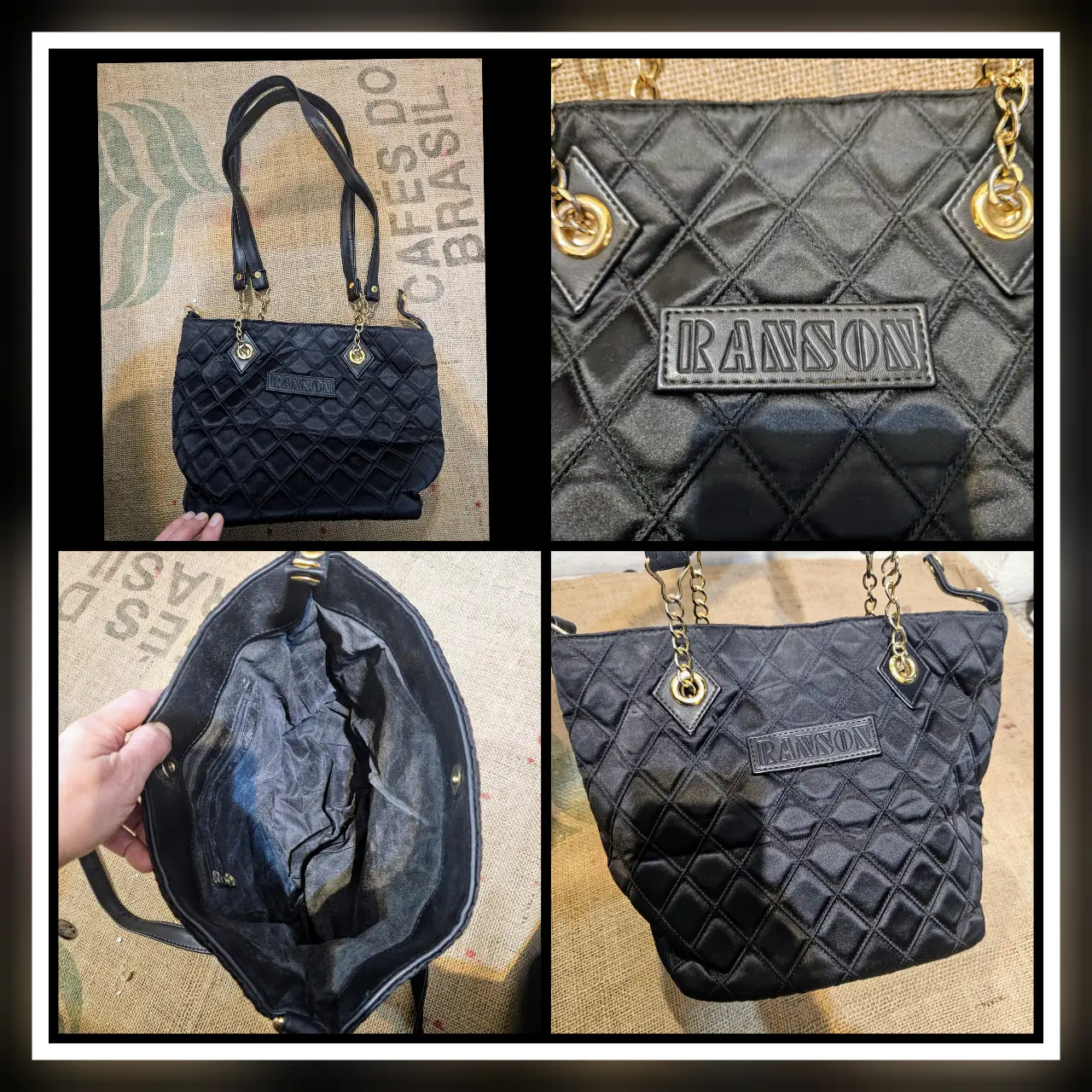 Cartera Ranson negra, con diseño acolchado de rombos. Detalles dorados en las cadenas y herrajes. Ideal para un look elegante y sofisticado.