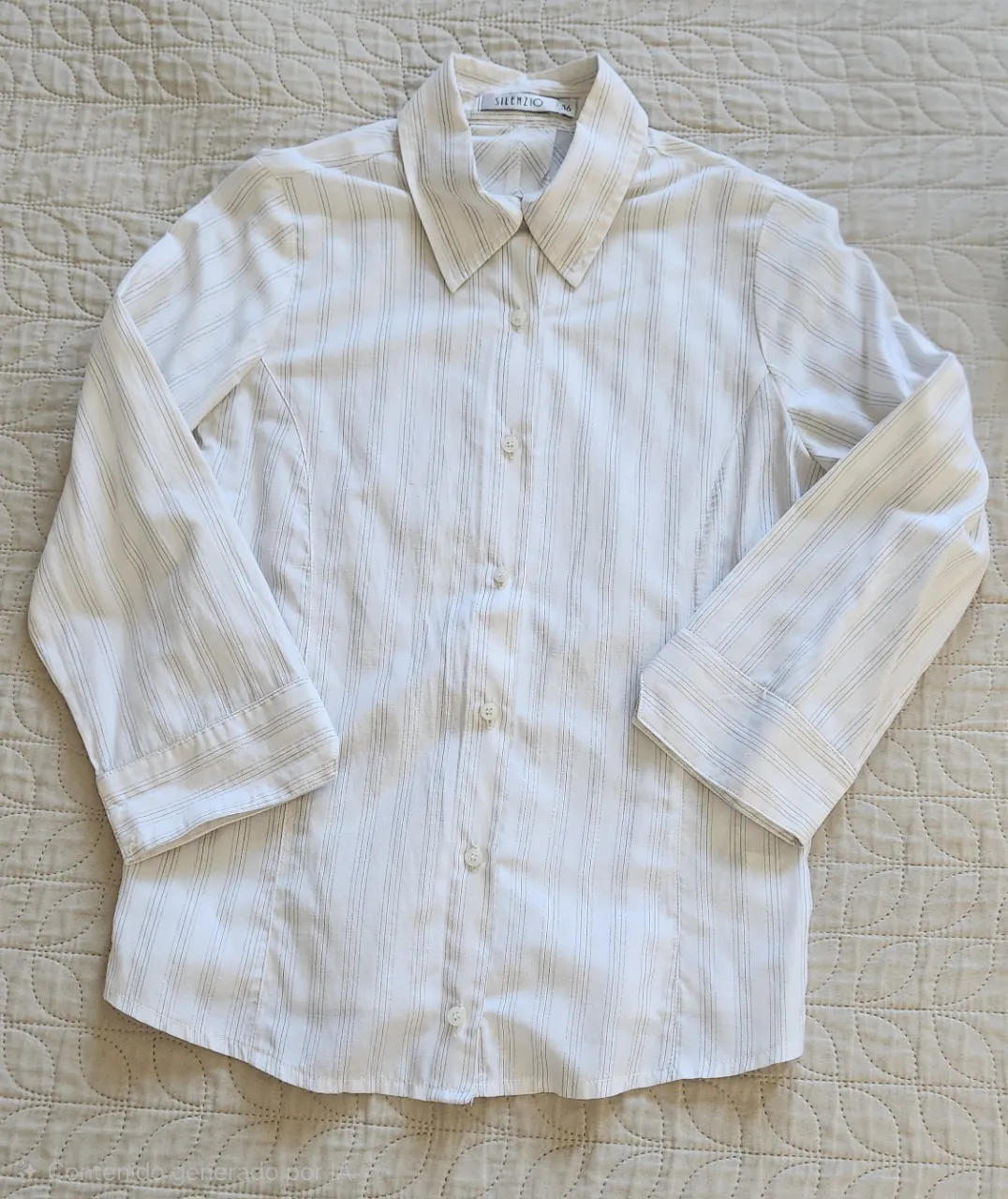 Camisa blanca a rayas finas grises y plateadas. Posee cuello camisero y botones al frente. Mangas largas con puños.