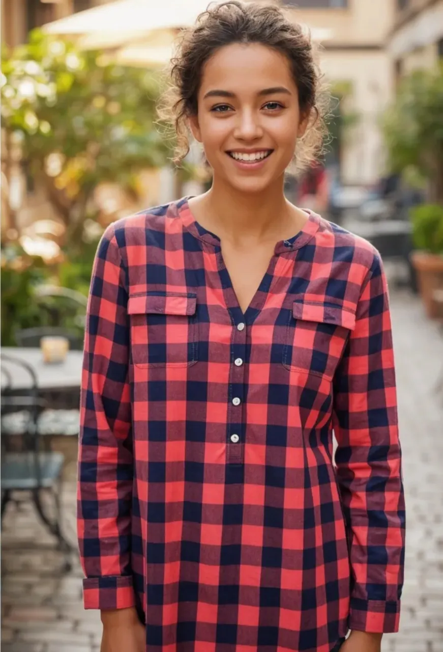 Camisa a cuadros de manga larga con cuello escote en V y botones al frente. Posee dos bolsillos con solapa en el pecho.