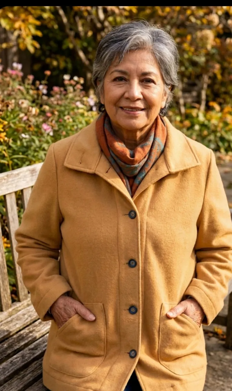 Campera de paño color suela, con cuello solapa, tres botones al frente y dos bolsillos inferiores con tapa.