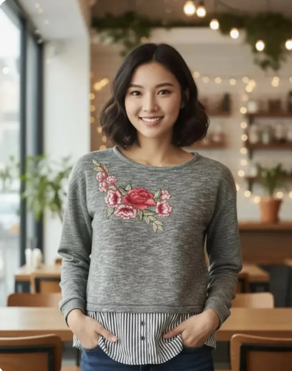 Remera gris melange con manga larga y un hermoso bordado de flores en el frente. Es una prenda cómoda y canchera, ideal para el día a día.