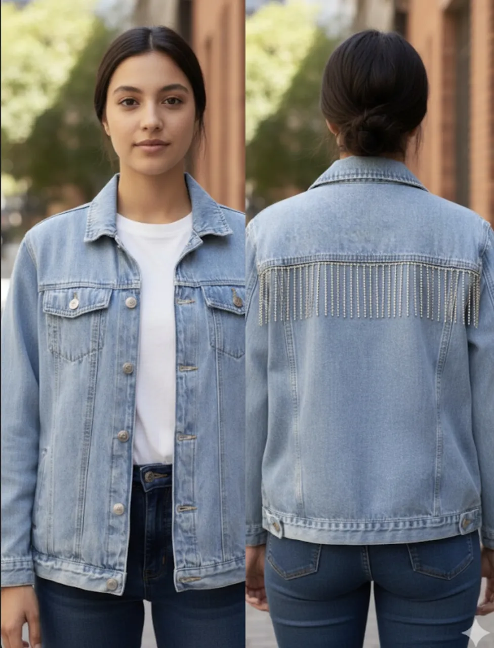 Campera de jean clásica con detalles de strass en la espalda y en el frente. Un toque de brillo para un look canchero y moderno. Ideal para darle un toque especial a cualquier outfit. Medida de sisa a sisa 44 cm, largo 64 cm.