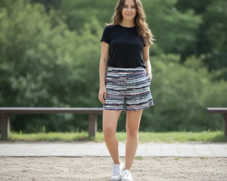 Shorts de vestir con un estampado de rayas multicolor vibrante. Ideales para un look casual y fresco, perfectos para combinar con una remera básica y zapatillas.