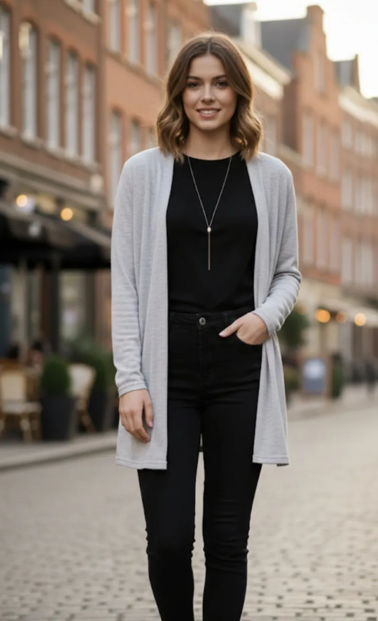 Cardigan largo de tejido liviano, ideal para completar cualquier look. Su diseño abierto y su color neutro lo hacen súper versátil.