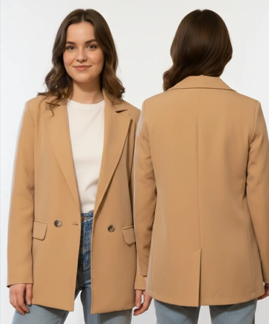 Blazer de corte clásico en color camel, ideal para un look elegante y moderno. Perfecto para combinar con jeans o pantalones de vestir, es una prenda versátil que no puede faltar en tu guardarropa. De sisa a sisa 44 cm , largo 75 cm.