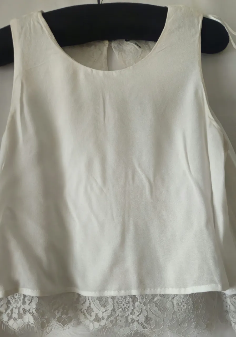 Blusa blanca con detalle de encaje en la parte inferior y en la espalda. Ideal para un look elegante y fresco.