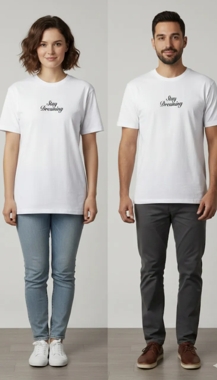 Remera blanca de manga corta con estampa "Stay Dreaming" en la parte delantera y un diseño más elaborado en la espalda con texto y la misma frase. Ideal para un look casual y moderno. Unisex. Sisa a sisa 52 cm largo 80 cm.