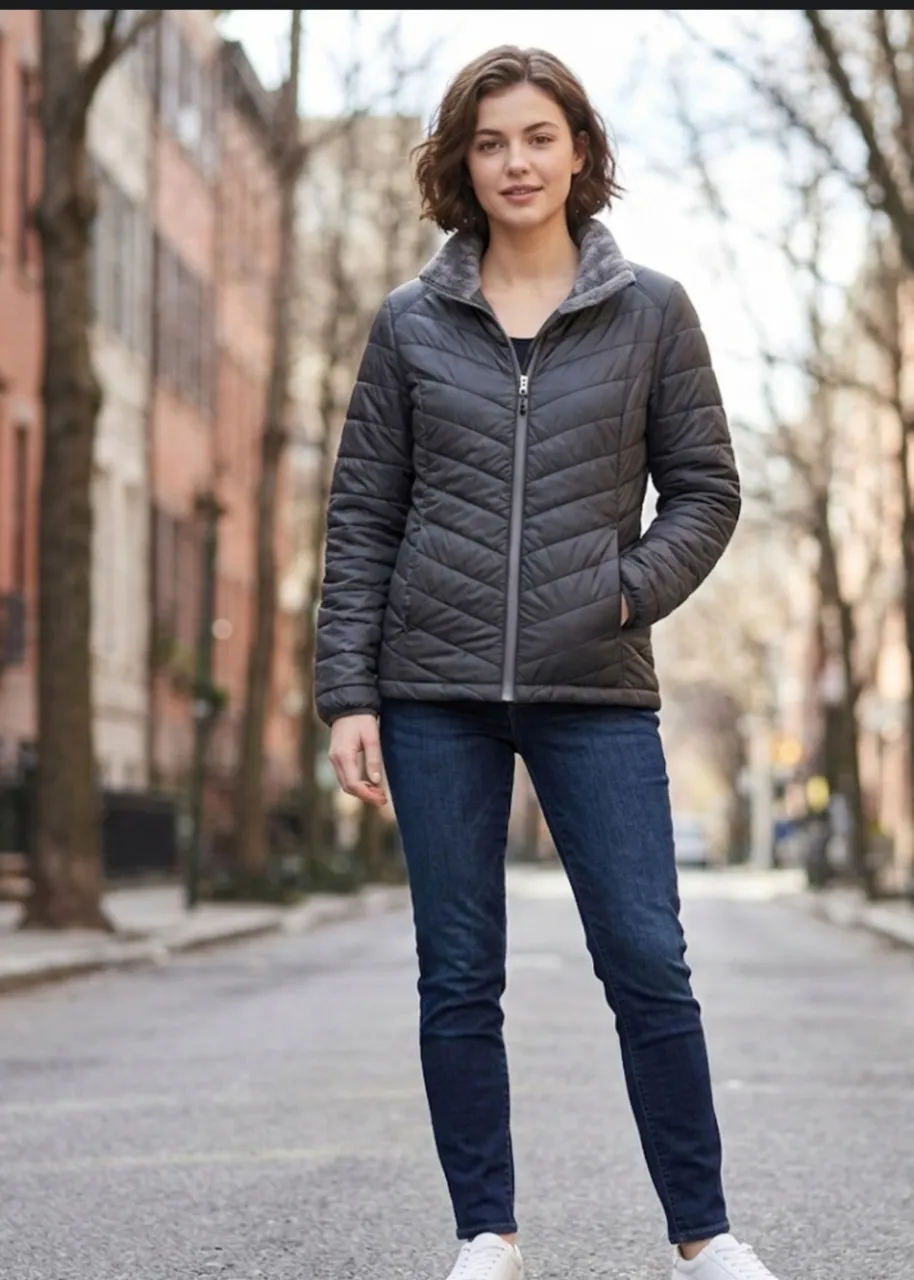 Campera acolchada gris con cuello alto y cierre. Ideal para el frío, súper cómoda y canchera. Perfecta para el día a día. Excelente estado, casi sin uso. Medida de sisa a sisa 44 cm, largo 65 cm.