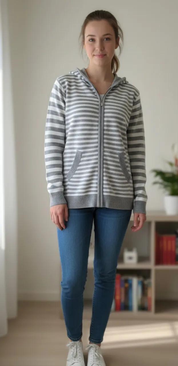 Buzo con capucha y cierre completo, a rayas grises y blancas. Tiene bolsillos al frente y es ideal para un look casual y cómodo. Tiene una mancha , pequeña hay que buscarla. Excelente estado, resto.