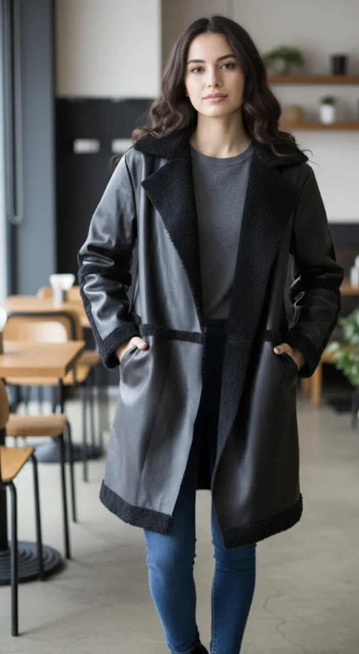 Abrigo largo de cuero sintético negro con detalles de corderito. Ideal para un look canchero y abrigado.