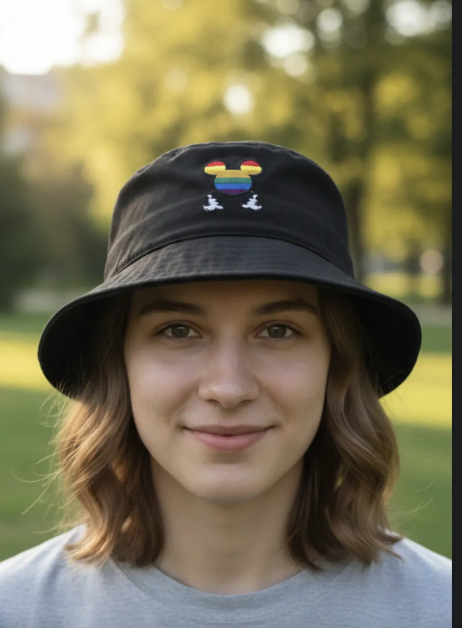 Sombrero tipo 'bucket hat' negro con un adorable bordado de Mickey Mouse con los colores del arcoíris y dos patitas blancas. ¡Perfecto para darle un toque divertido y original a tu look!