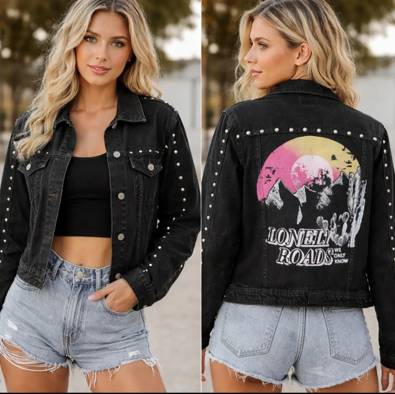 Campera de jean negra con tachas plateadas en mangas y cuello. Estampa gráfica en la espalda con montañas, cactus y el texto "Lonely Roads We Only Know". Chile.