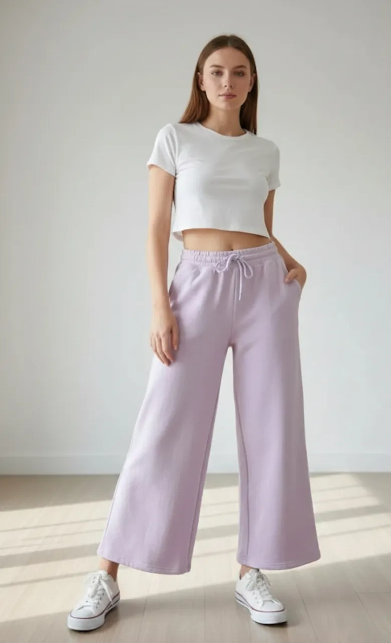 Pantalón ancho de plush, tiro alto, con cordón ajustable en la cintura y bolsillos laterales. Súper cómodo y canchero, ideal para un look relajado.