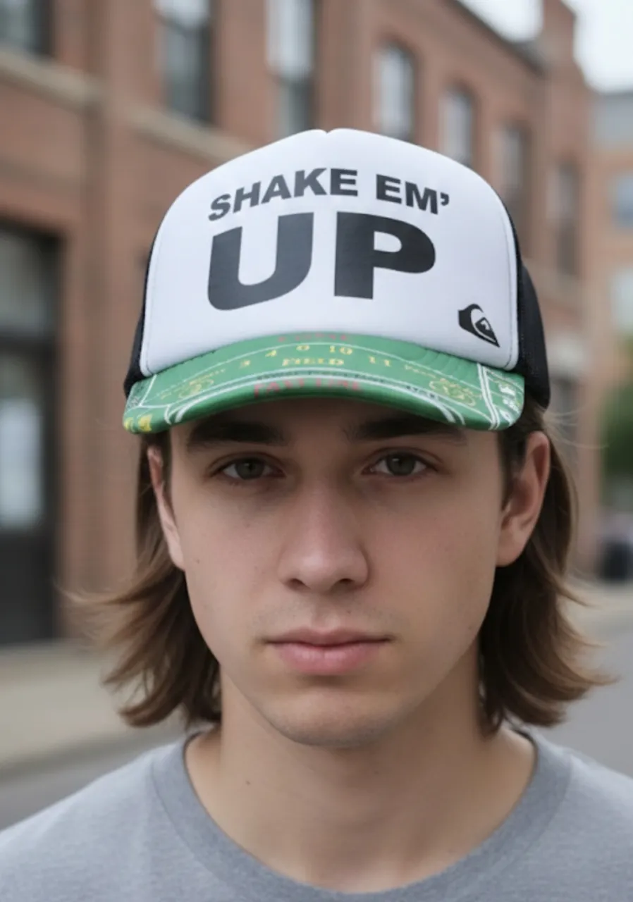 Gorra trucker con diseño de mesa de casino. Tiene la frase "SHAKE EM' UP" estampada en la parte frontal. Ideal para un look urbano y canchero.