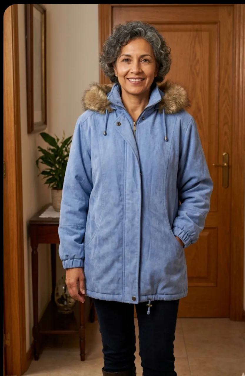 Campera azul con capucha de piel sintética. Cierre al frente y bolsillos laterales. Egipto.