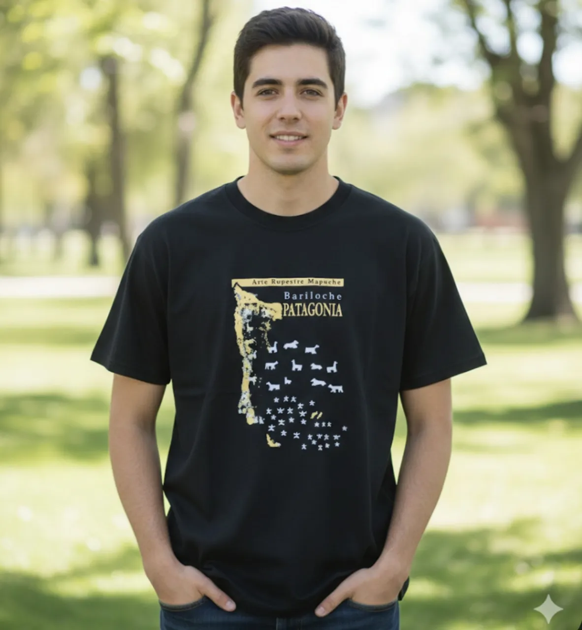 Remera azul con estampa de arte rupestre mapuche de Bariloche, Patagonia. La estampa incluye siluetas de animales y símbolos. Ideal para un look casual y para quienes aman la cultura y los paisajes argentinos.