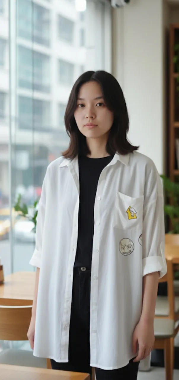 Camisa blanca oversize con estampa "Up no good" en el bolsillo y dos parches con dibujos "Whatever" y "OK!". Ideal para un look casual y descontracturado. Dos posturas.