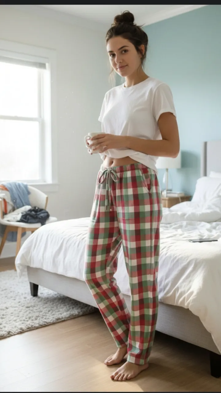 Pantalón de pijama a cuadros en tonos rojos, verdes y blancos. Posee cordón ajustable en la cintura y un bolsillo trasero. Ideal para estar cómodo en casa.